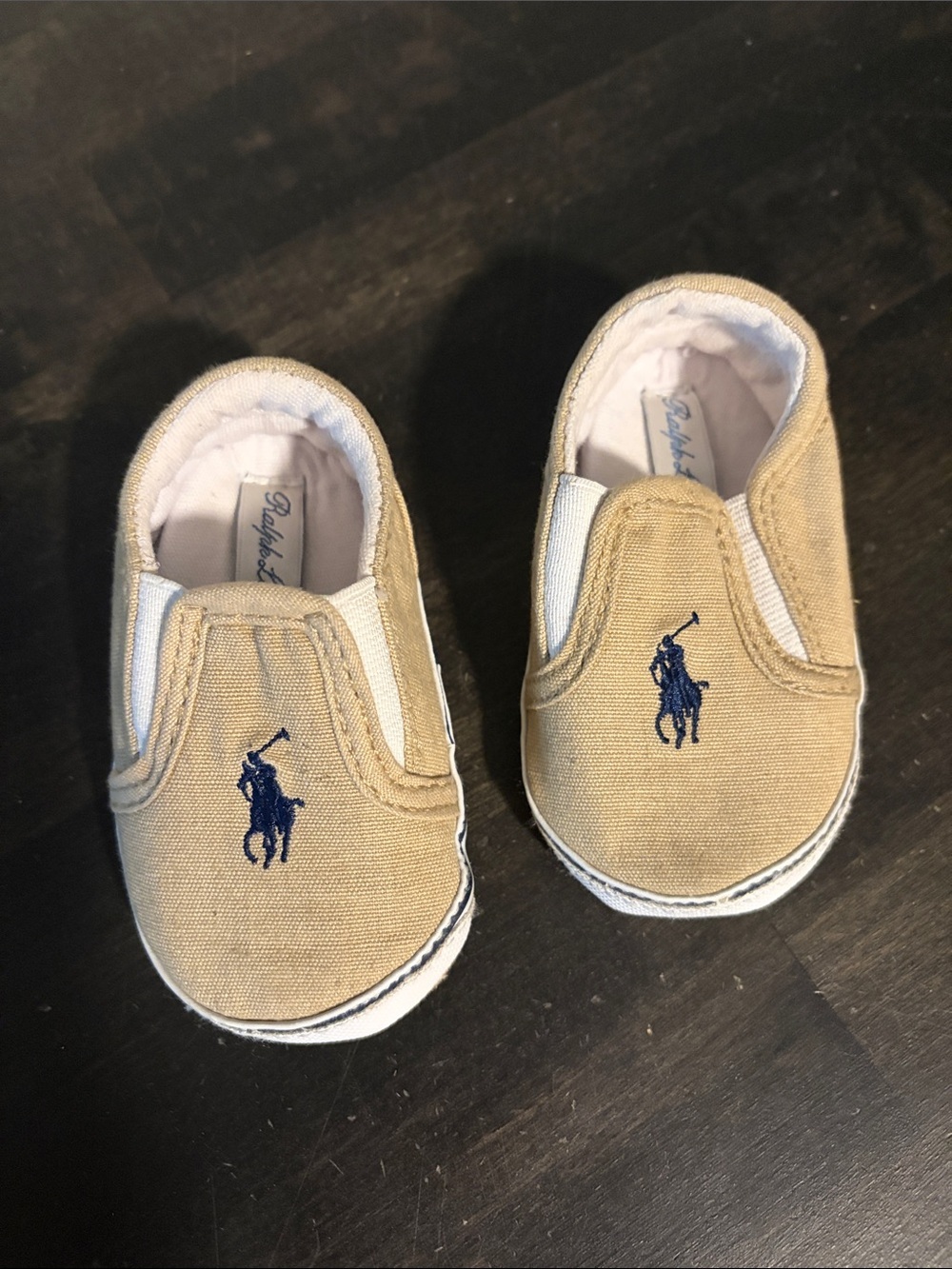 Polo Ralph Lauren Tan Blue Embroidered Pony Crib Shoes Size 3 Months